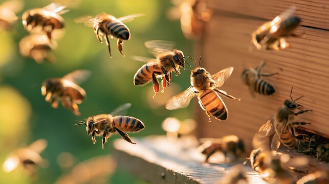 A swarm of bees buzz around a wooden apiary on a sunny day.