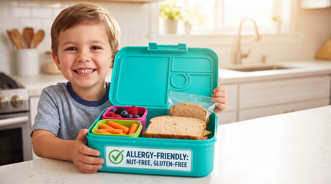 Cheerful Child Holding a Bright Lunchbox with Allergy-Friendly Label and Colorful Healthy Snacks, Radiating Joy and Warmth in a Cozy Kitchen Setting, copy space