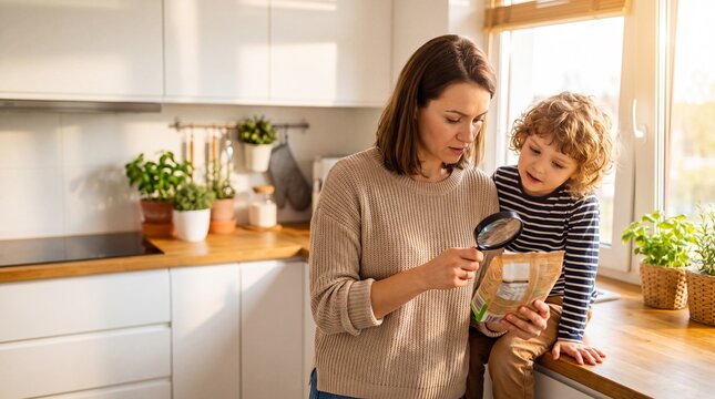 A Caring Mother Reads Food Ingredient Label in a Bright Modern Kitchen While Her Curious Child Watches, Highlighting Their Bond in a Warm, Natural Setting, copy space