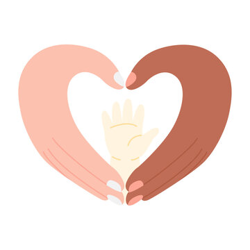 Multiracial parents hands forming heart around child hand, family love adoption and child protection concept, minimal flat vector illustration