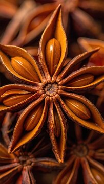Macro close-up of fragrant star-shaped seed pods revealing dark seeds