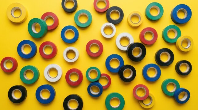 Top view of many rolls of colorful electrical tape scattered randomly on a vibrant yellow background