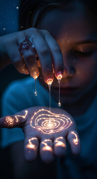 Close up of child hands creating glowing spiral galaxy with dripping liquid light from fingertips representing magic and imagination
