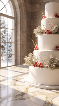 Christmas holiday cake banner mockup with copy space on marble table and gothic arch window background
