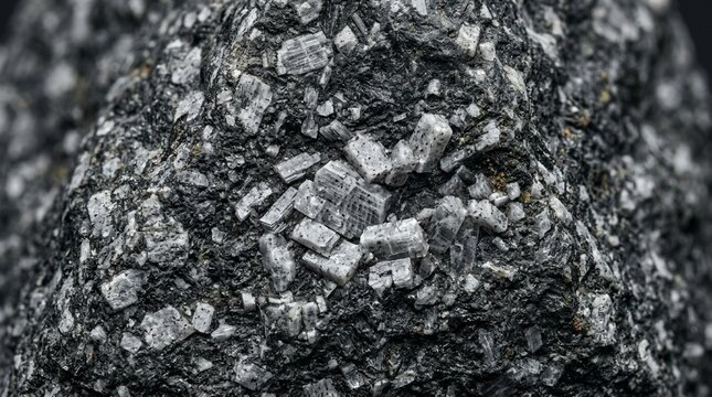 Close-up texture of dark igneous rock with white crystalline inclusions