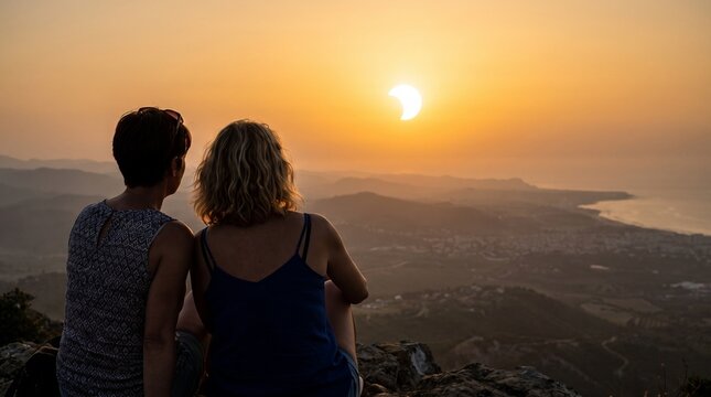Two women sitting on a scenic mountaintop viewing a breathtaking partial solar eclipse over the ocean at sunset