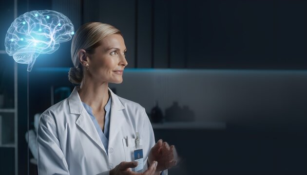 A female neurologist wearing a white lab coat standing in a high-tech studio and studying a glowing 3D holographic human brain floating in the air