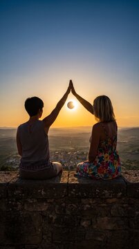 Two women framing the golden sunset with their hands sitting on a scenic stone wall overlooking the valley