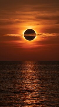 Solar eclipse over dark ocean with orange sky and water reflections during an astronomical event