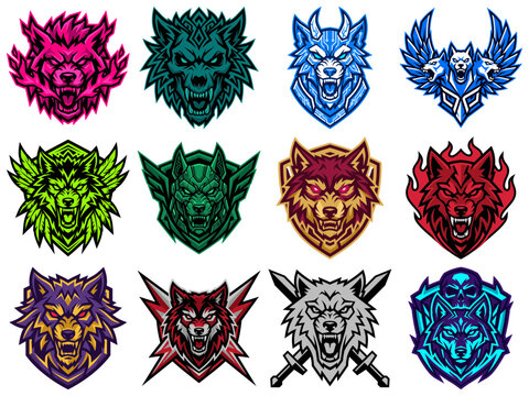 Aggressive Wolf Head Logos with Fierce Expressions and Stylized Flames