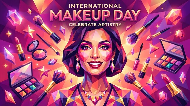 Pop art illustration celebrating international makeup day with cosmetics