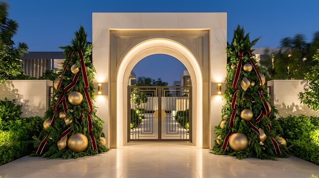 Elegant arched entrance gate decorated with festive christmas trees and glowing lights at a luxury private residence