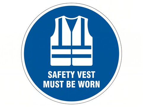 Blue circular mandatory sign requiring high visibility safety vest for industrial site worker protection