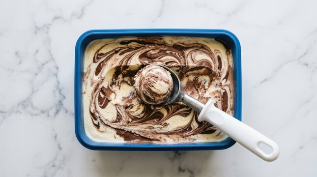 Scoop of chocolate swirl ice cream in a blue container