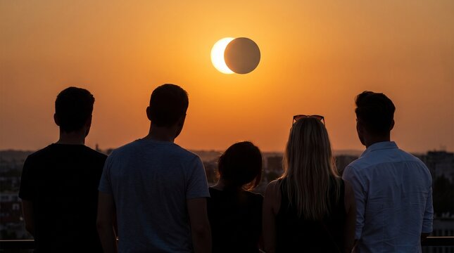 Group of diverse friends gathered on rooftop watching a solar eclipse in sunset sky