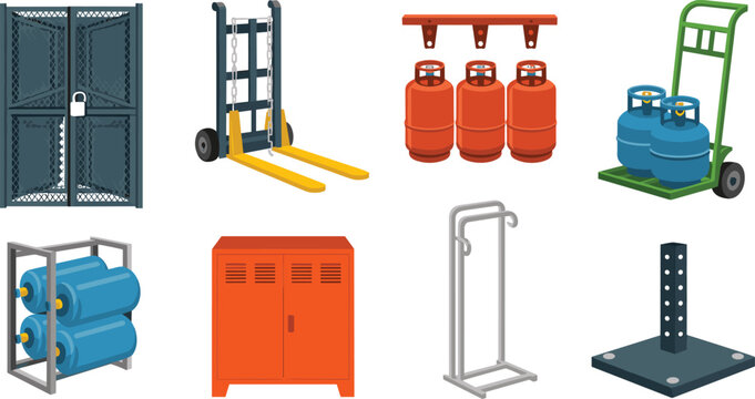 Industrial Gas Cylinder Storage and Handling Equipment Vector Icon Set Featuring Hand Trucks, Pallet Jacks, Secured Cages, Safety Cabinets, and Wall Brackets for Warehouse Designs