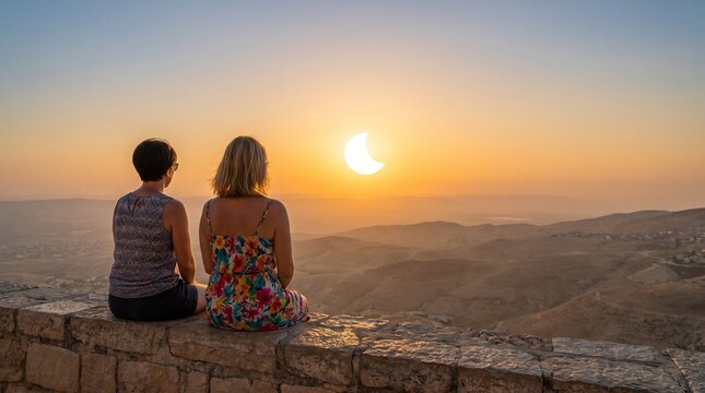 Two women sitting on a stone wall watching a spectacular solar eclipse over a mountainous desert landscape at sunset