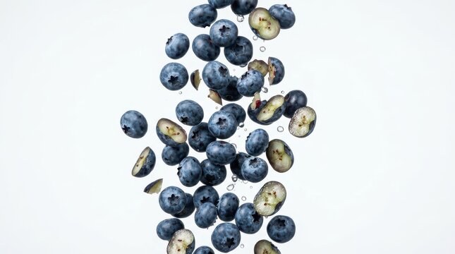 Falling fresh blueberries and slices isolated on white background
