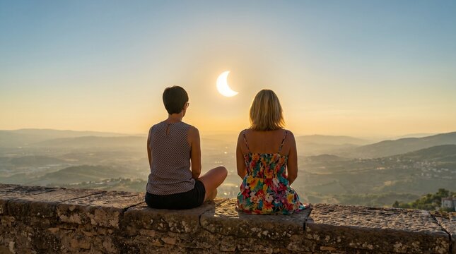 Two friends observe a spectacular partial solar eclipse from an elevated scenic viewpoint, enjoying the rare celestial phenomenon as the golden sun dips over a vast, beautiful landscape