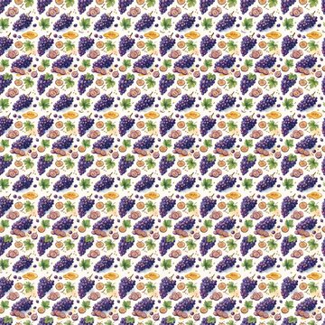Watercolor seamless pattern of fresh purple grapes bunches, slices, and vine leaves, fruit background