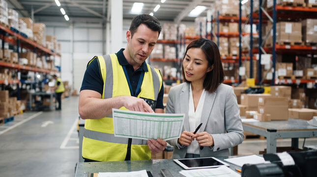 Warehouse manager and female supervisor reviewing shipping inventory documents and logistics data inside a fulfillment distribution center with warehouse supervisor shipping inventory