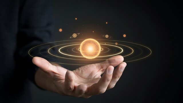 Human hand holding a glowing digital solar system model in space