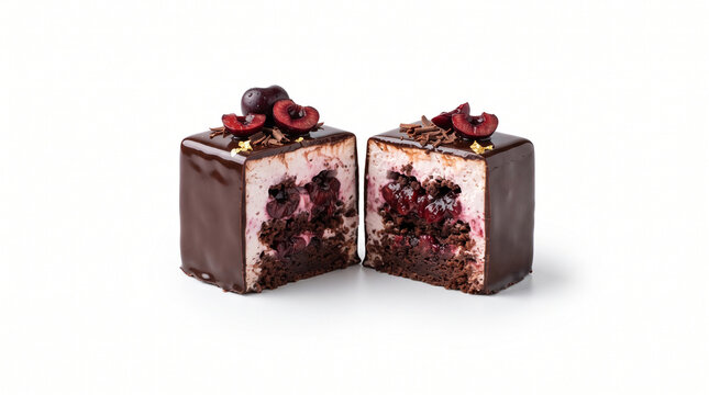 Two delicious chocolate cakes topped with cherries and nuts, cut in half to reveal a rich cherry filling