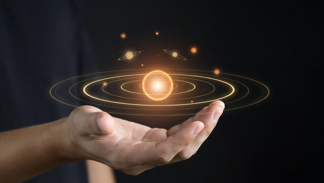 Human hand holding a glowing digital solar system model in dark space