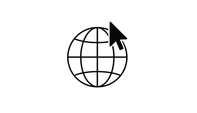 Global internet network concept icon showing globe outline with black arrow cursor clicking on white background.