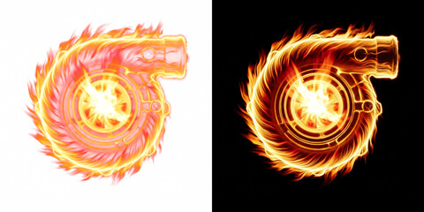 Fototapeta premium Blazing Turbocharger Scroll Silhouette Made Of Fire Overlay Isolated On Transparent Background