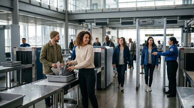 Air travelers at airport security checkpoint