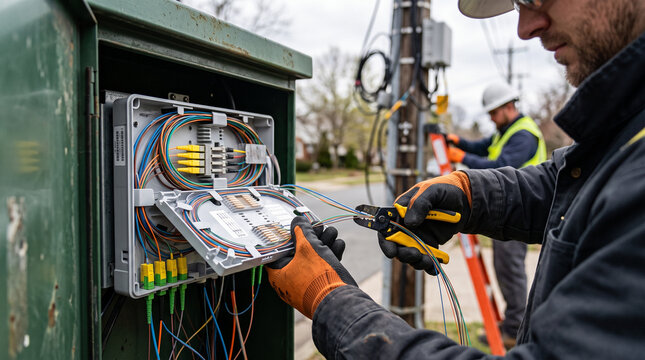 Field technicians repairing fiber optic cable box