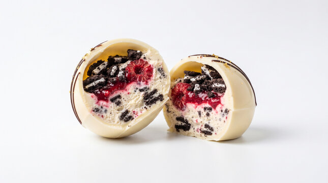 A delightful dessert bomb with a white chocolate shell, revealing a creamy filling studded with cookie pieces and fresh raspberries