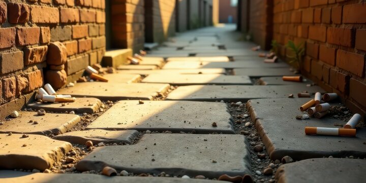 Sunlit Alleyway with Discarded Cigarette Butts Scattered on Brick Pavement