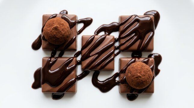 Four chocolate squares topped with truffles and chocolate sauce isolated on white background