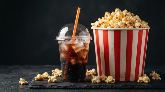 Popcorn in a striped bucket and a plastic cup of cola with ice and an orange straw on a dark background