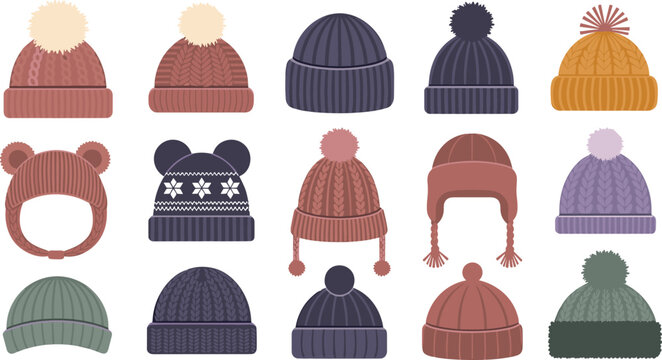 Winter Beanie and Knit Hat Vector Icon Set Featuring Woolen Caps with Pompoms, Earflaps, Cable Knits, and Ribbed Texture Elements for Cold Weather Fashion and Seasonal Apparel Designs