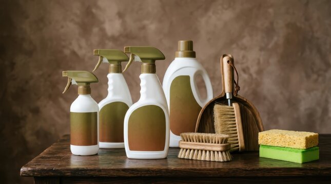 Set of cleaning products with spray bottles, brushes, and sponges on a wooden table