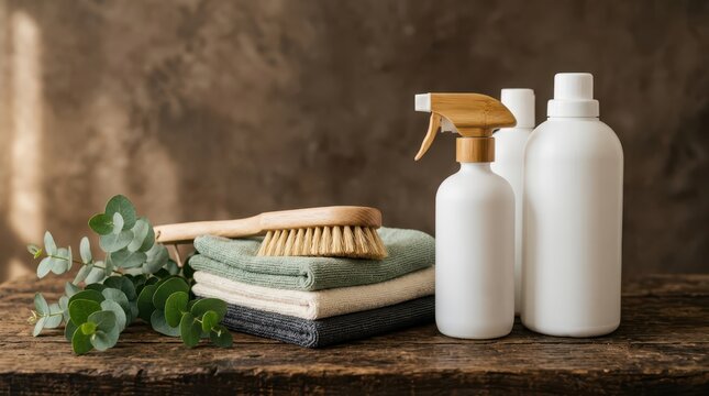 Ecofriendly cleaning supplies with wooden brushes, spray bottles, and folded towels