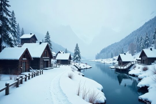 Serene Winter Village by a Tranquil Lake, Snow Covered Cabins and Majestic Mountain Range in the Background