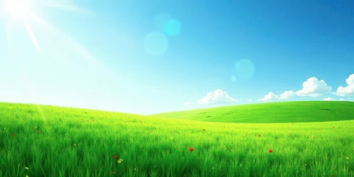 Serene Meadow Landscape Vibrant Green Grass Under a Sunny Sky with Rolling Hills and Scattered Blooms