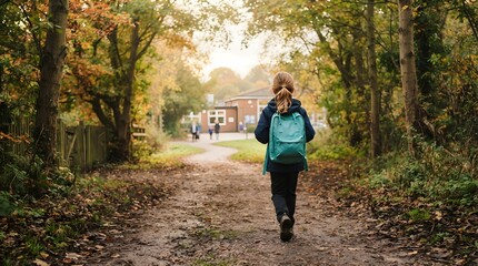Fototapeta premium A young student walking along a scenic forest path during the beautiful autumn season for back to school