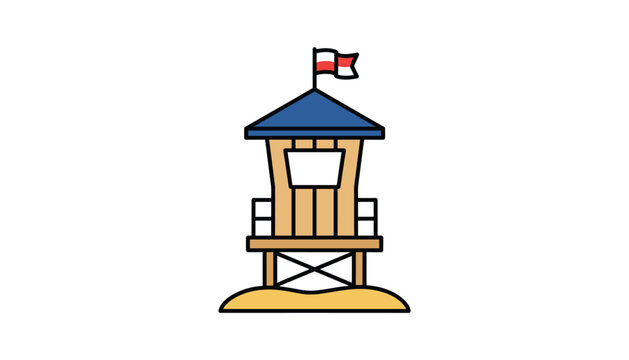 Wooden beach lifeguard tower with a red and white flag on its roof, presented in a clean flat style.