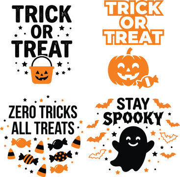 Spooky Halloween T-Shirt Design Set with Cute Ghosts, Pumpkins and Bats