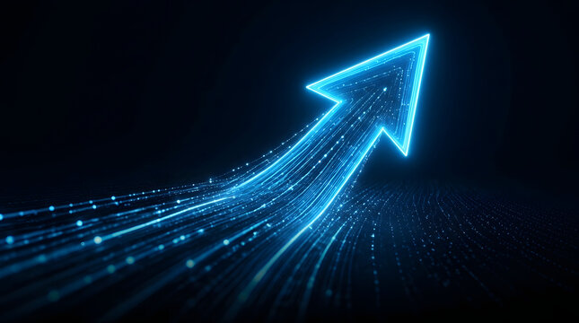 Blue Digital Data Shapes Moving Upward Through an Arrow Representing Data Transfer, Information Flow and Technological Progress