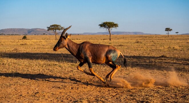 A majestic topi antelope running across the dry African savanna during a bright sunny morning light.