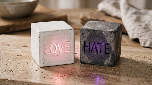 Minimalist concrete cubes with glowing love and hate text, conceptual stone blocks on rustic table, emotional duality art