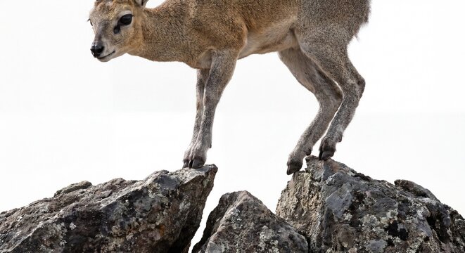 A small klipspringer stands balanced on jagged rocky terrain against a stark white background.