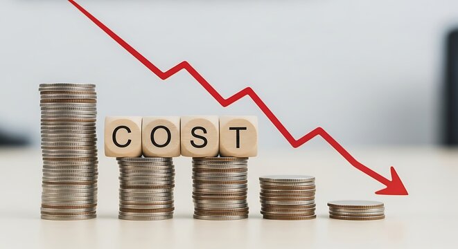 Declining business costs and financial savings with stacked coins and downward trend graph