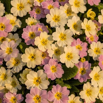 Beautiful pink and yellow primrose flowers blooming in a spring garden